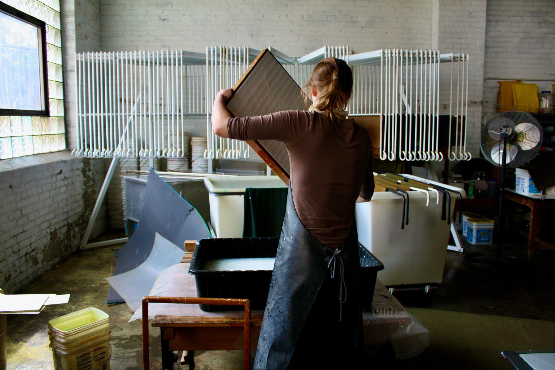 Textile worker from Cleveland, Ohio in her studio